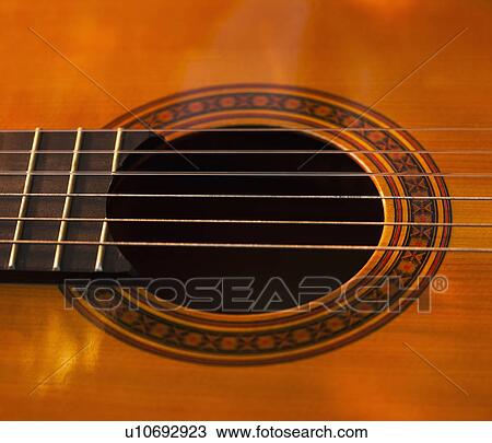 Stock Image - Close up of sound hole of acoustic guitar. Fotosearch