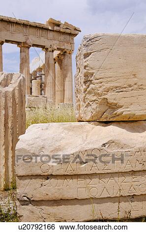 Stock Photograph - Greece, Athens, Acropolis, Greek inscription on ruins of Parthenon. Fotosearch
