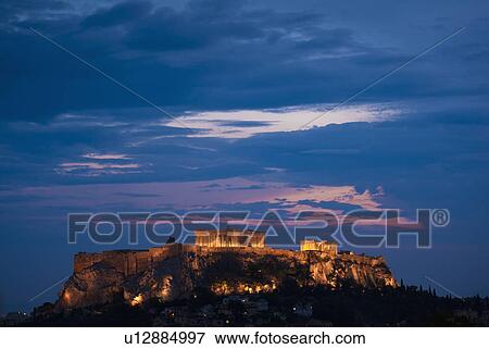 Greece, Athens, Acropolis illuminated at night View Large Photo Image Stock Photo - Greece, Athens, Acropolis illuminated at night. Fotosearch