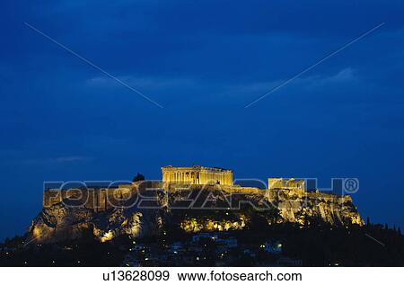 Greece, Athens, Acropolis illuminated at night View Large Photo Image Stock Photo - Greece, Athens, Acropolis illuminated at night. Fotosearch
