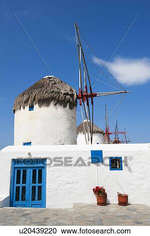 Stock Image - Greece, Cyclades Islands, Mykonos, Old windmills. Fotosearch