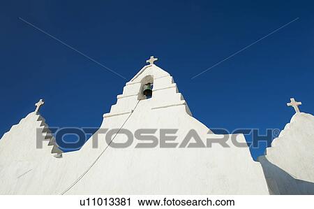 Stock Image - Greece, Cyclades Islands, Mykonos, Church bell tower. Fotosearch