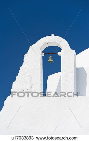 Stock Image - Greece, Cyclades Islands, Mykonos, Paraportiani church bell tower. Fotosearch