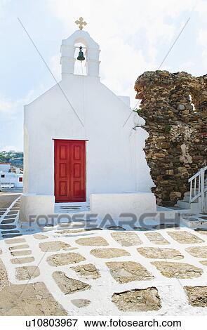 Stock Photo - Greece, Cyclades Islands, Mykonos, Church with bell tower. Fotosearch