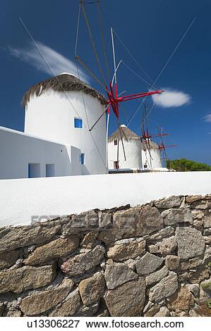 Greece, Cyclades Islands, Mykonos, Stone wall near old windmills View Large Photo Image Stock Photo - Greece, Cyclades Islands, Mykonos, Stone wall near old windmills. Fotosearch