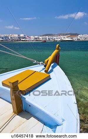 Greece, Cyclades Islands, Mykonos, Fishing boat in harbor View Large Photo Image Stock Photo - Greece, Cyclades Islands, Mykonos, Fishing boat in harbor. Fotosearch