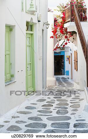 Stock Photo - Greece, Cyclades Islands, Mykonos, Traditional building exteriors. Fotosearch
