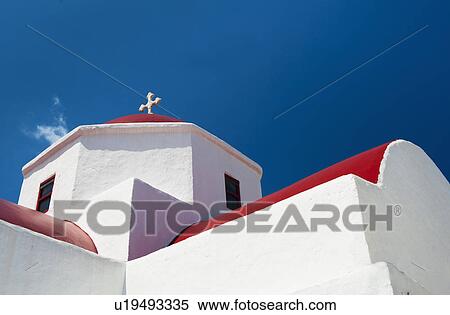 Stock Photography - Greece, Cyclades Islands, Mykonos, Church roof with cross. Fotosearch