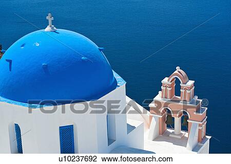Greece, Cyclades Islands, Santorini, Oia, Church with bell tower by sea View Large Photo Image Stock Image - Greece, Cyclades Islands, Santorini, Oia, Church with bell tower by sea. Fotosearch