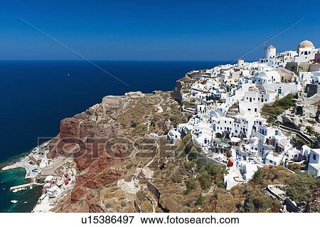 Greece, Cyclades Islands, Santorini, Oia, Town at coast View Large Photo Image Stock Photo - Greece, Cyclades Islands, Santorini, Oia, Town at coast. Fotosearch