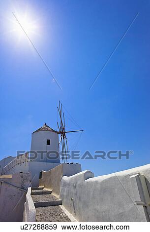 Stock Photo - Greece, Cyclades Islands, Santorini, Oia, Old windmill. Fotosearch