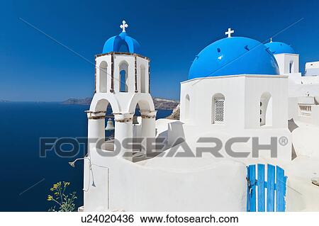 Greece, Cyclades Islands, Santorini, Oia, Church with bell tower at coast View Large Photo Image Stock Photograph - Greece, Cyclades Islands, Santorini, Oia, Church with bell tower at coast. Fotosearch