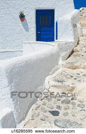 Stock Photography - Greece, Cyclades Islands, Santorini, Oia, Steps outside house. Fotosearch