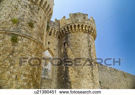 Stock Image - Greece, Rhodes, Medieval fortified wall. Fotosearch