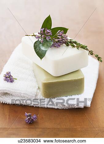 Picture - Lavender and soap bars on towel. Fotosearch