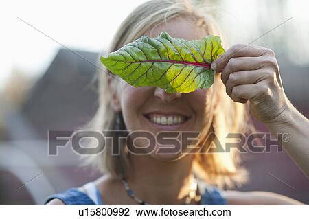 Smiling woman holding leaf in front of her face View Large Photo Image Stock Image - Smiling woman holding leaf in front of her face. Fotosearch