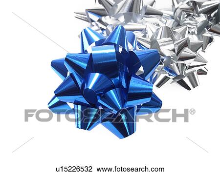 Stock Image - Studio shot of Blue and Silver Ribbon on white background. Fotosearch