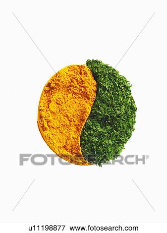 Stock Photo - Studio shot of Carrot Powder making Yin and Yang sign on white background. Fotosearch