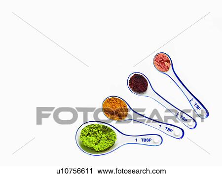 Stock Image - Studio shot of piles of spices on measuring spoons. Fotosearch