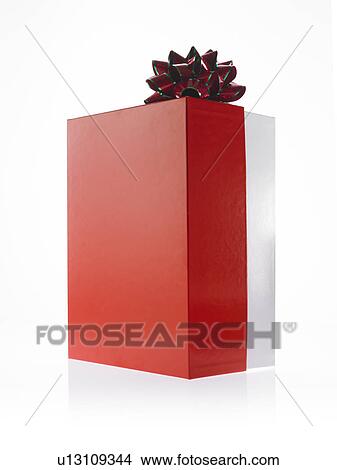 Picture - Studio shot of Red and Green Ribbon and Red Box on white background. Fotosearch