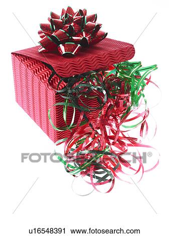 Stock Image - Studio shot of Red and Green Ribbon and Red Box on white background. Fotosearch