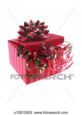 Stock Image - Studio shot of Red Box and Red and Green Ribbon on white background. Fotosearch