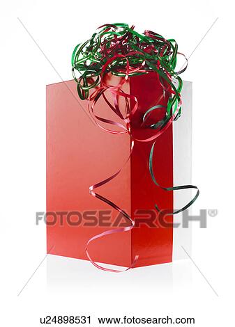 Stock Image - Studio shot of Red Box and Red and Green Ribbon on white background. Fotosearch