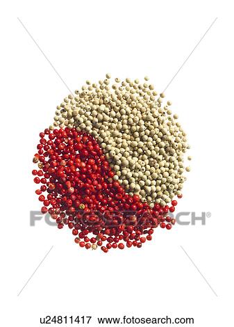 Stock Photo - Studio shot of Red Pepper Corns and White Pepper Corns making Yin and Yang sign on white background. Fotosearch