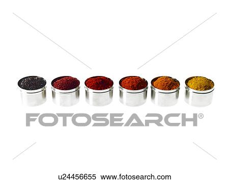 Stock Photography - Studio shot of row of jars with spices. Fotosearch