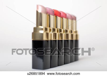 Picture - Studio shot of row of lipsticks. Fotosearch
