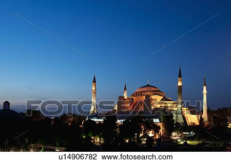 Stock Image - Turkey, Istanbul, Haghia Sophia illuminated at dusk. Fotosearch