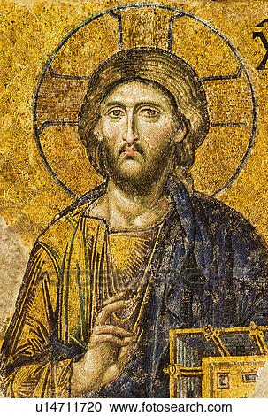 Stock Image - Turkey, Istanbul, Mosaic of Christ Pantocrator in Haghia Sophia Mosque . Fotosearch