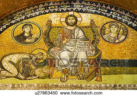 Stock Image - Turkey, Istanbul, Mosaic of Leo VI kneeling before Jesus in Haghia Sophia Mosque . Fotosearch