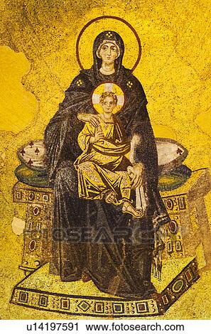 Stock Image - Turkey, Istanbul, Mosaic of Virgin mary and Jesus in Haghia Sophia Mosque . Fotosearch