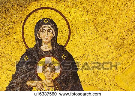 Stock Image - Turkey, Istanbul, Mosaic of Virgin mary and Jesus in Haghia Sophia Mosque . Fotosearch