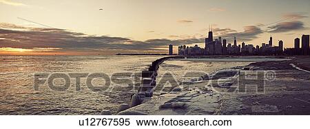 USA, Illinois, Chicago, Skyline at sunrise View Large Photo Image Stock Photography - USA, Illinois, Chicago, Skyline at sunrise. Fotosearch