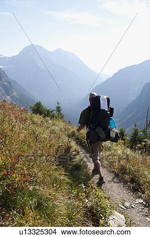 Picture - USA, Montana, Glacier National Park, Browns Pass, Mid adult hiker walking. Fotosearch
