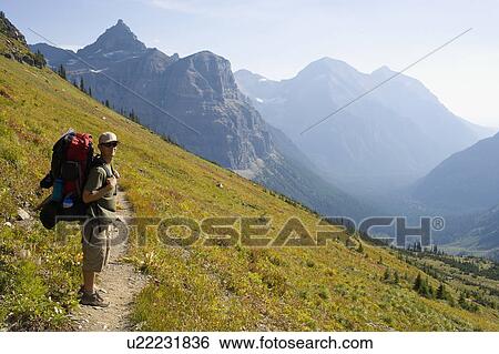 USA, Montana, Glacier National Park, Browns Pass, Mid adult hiker posing View Large Photo Image Stock Photograph - USA, Montana, Glacier National Park, Browns Pass, Mid adult hiker posing . Fotosearch