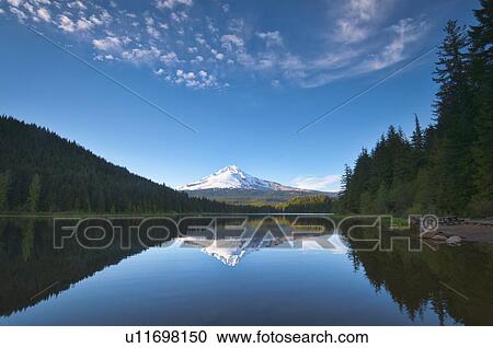 Stock Image - USA, Oregon, Clackamas County, View of Trillium Lake with Mt Hood in background. Fotosearch