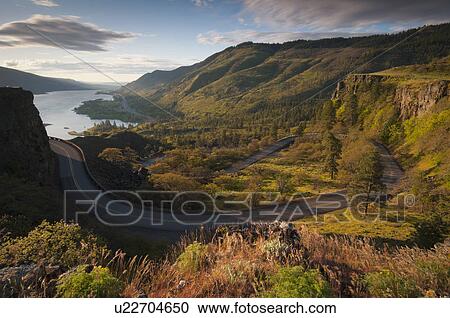 Stock Image - USA, Oregon, Columbia Gorge, High angle view of Historic Highway 30. Fotosearch