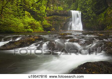 Stock Photograph - USA, Oregon, Silver Falls State Park, View of Upper North Falls. Fotosearch