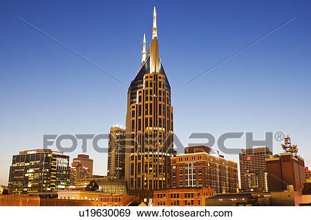 Stock Photo - USA, Tennessee, Nashville, Evening skyline. Fotosearch
