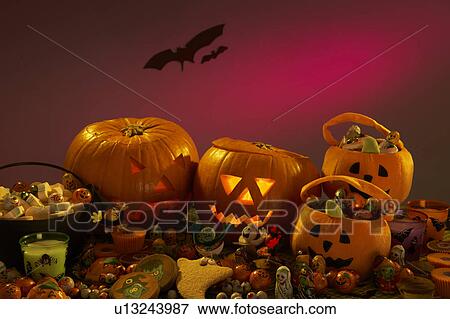 Halloween party decorations with carved pumpkins View Large Photo Image Stock Photo - Halloween party decorations with carved pumpkins. Fotosearch