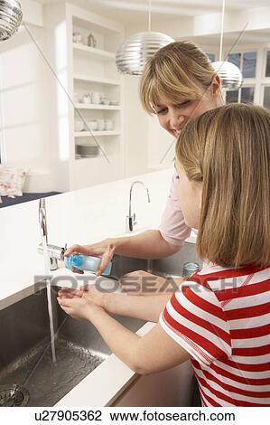 Mother And Daughter Washing Hands At Kitchen Sink View Large Photo Image Stock Image - Mother And Daughter Washing Hands At Kitchen Sink. Fotosearch