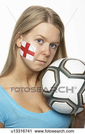 Stock Image - Sad Young Female Football Fan With St Georges Flag Painted On Face. Fotosearch