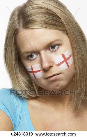 Stock Photo - Sad Young Female Sports Fan With St Georges Flag Painted On Face. Fotosearch