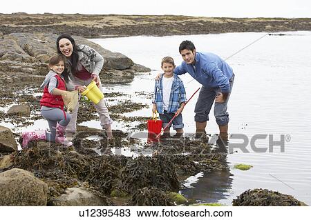 Stock Image - Young family at beach collecting shells. Fotosearch