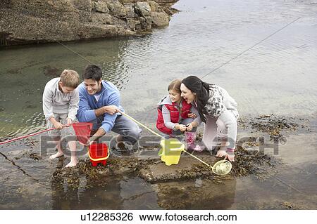 Stock Photograph - Young family at beach collecting shells. Fotosearch