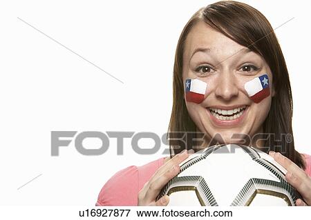 Stock Photo - Young Female Football Fan With Chilean Flag Painted On Face. Fotosearch