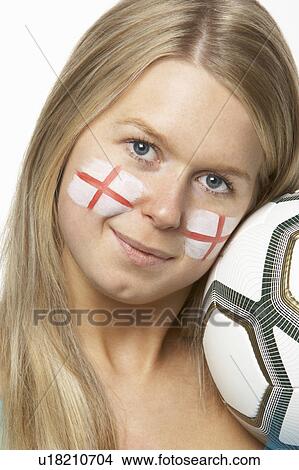 Picture - Young Female Football Fan With St Georges Flag Painted On Face. Fotosearch